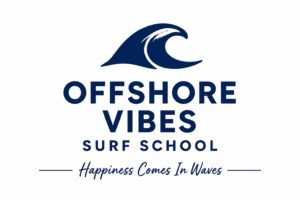 Offshore Vibes Surf School logo with the slogan Happiness Comes In Waves